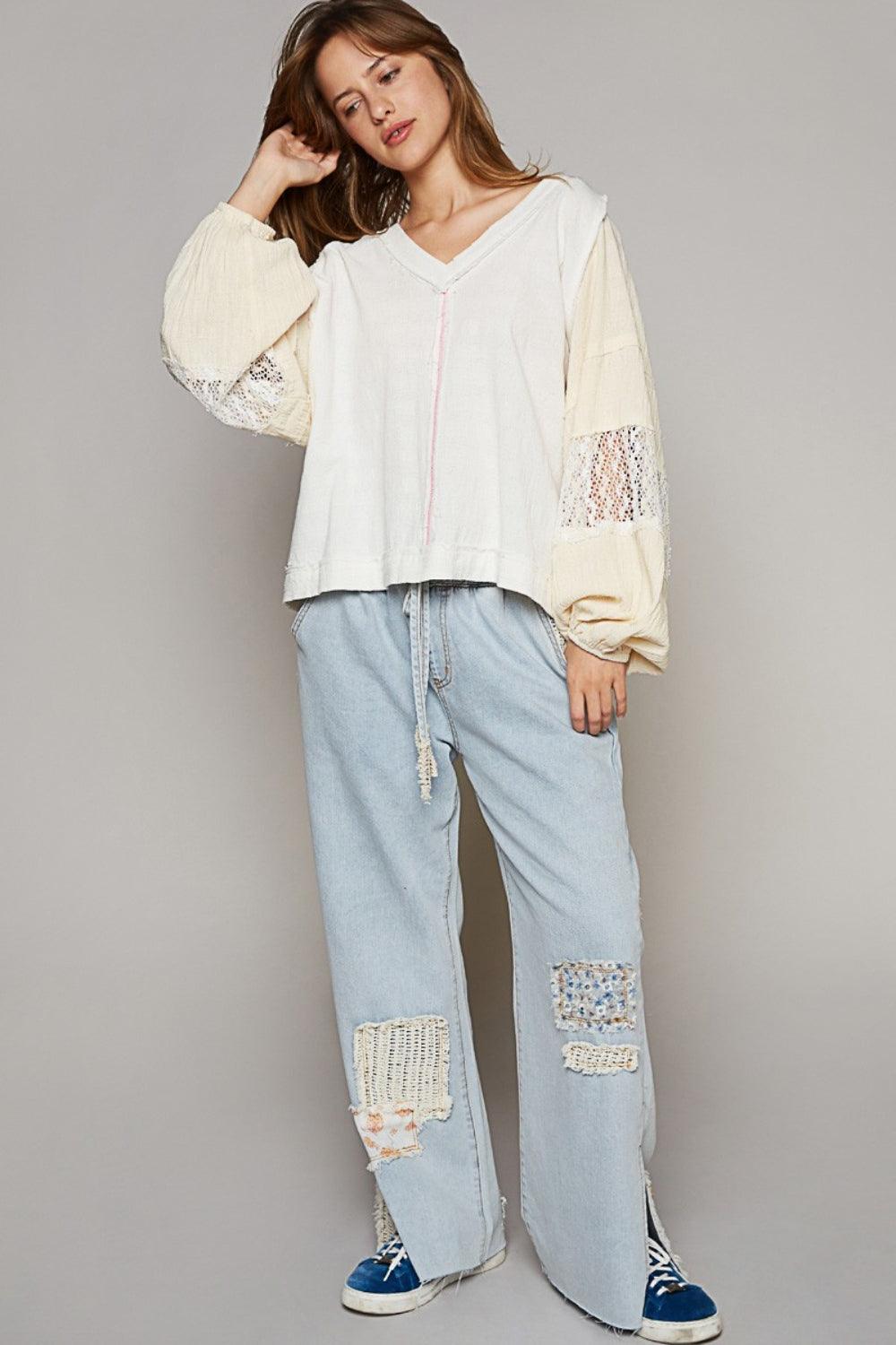 POL Balloon Sleeve Crochet Patch Top Carauana Store