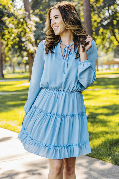 Frill Tie Neck Balloon Sleeve Dress Carauana Store
