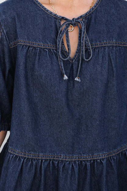 Tie Neck Babydoll Denim Top Carauana Store