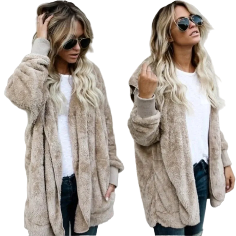 Two images of a woman wearing a beige fluffy cardigan against a gray background.