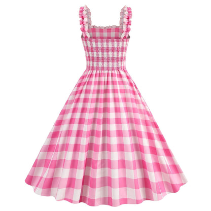 Barbie pink Dress - with a pink plaid pattern 2023 - trendy Strapless Cocktail Rockabilly Party Swing Sweet Girls for cocktail parties and rockabilly events