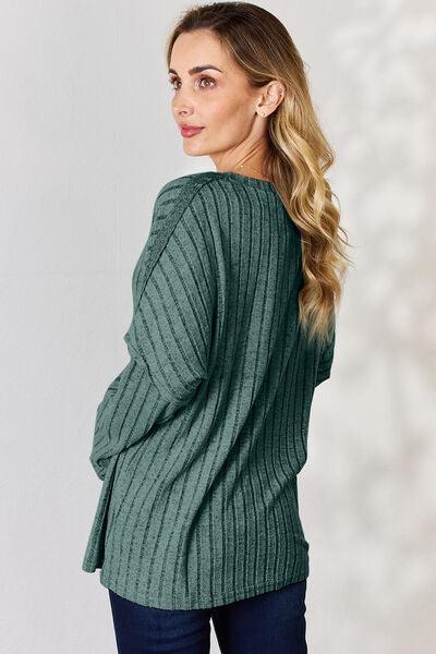Basic Bae Full Size Ribbed Half Button Long Sleeve Shirt Carauana Store