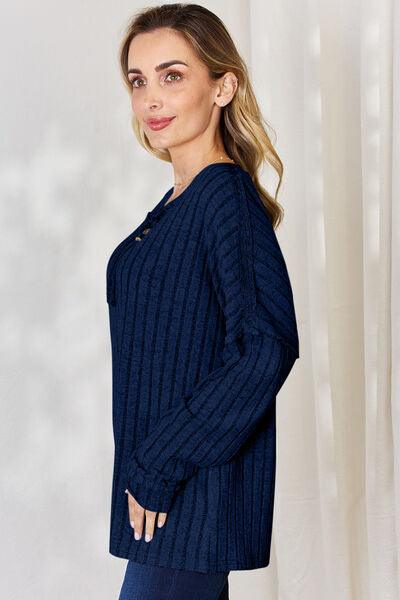 Basic Bae Full Size Ribbed Half Button Long Sleeve Shirt Carauana Store