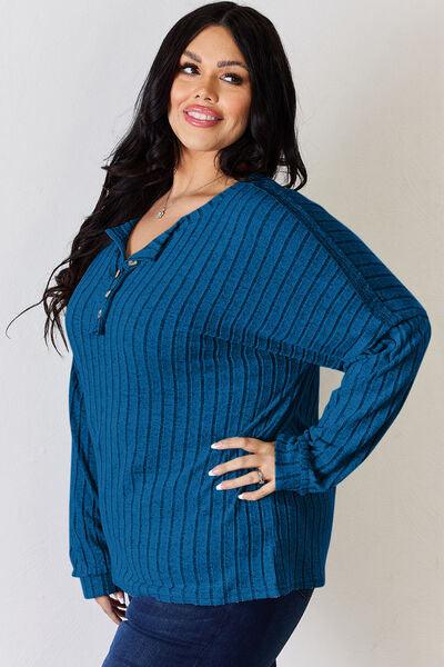 Basic Bae Full Size Ribbed Half Button Long Sleeve Shirt Carauana Store
