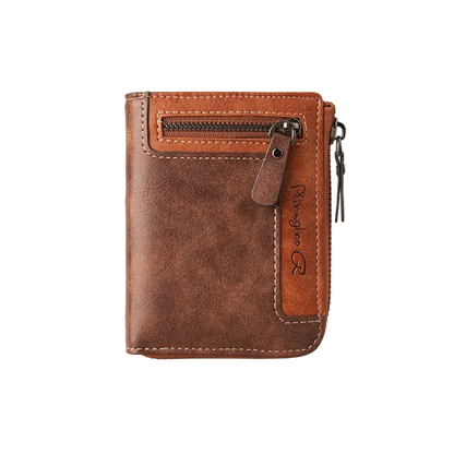 Brown leather wallet with zipper on a white background