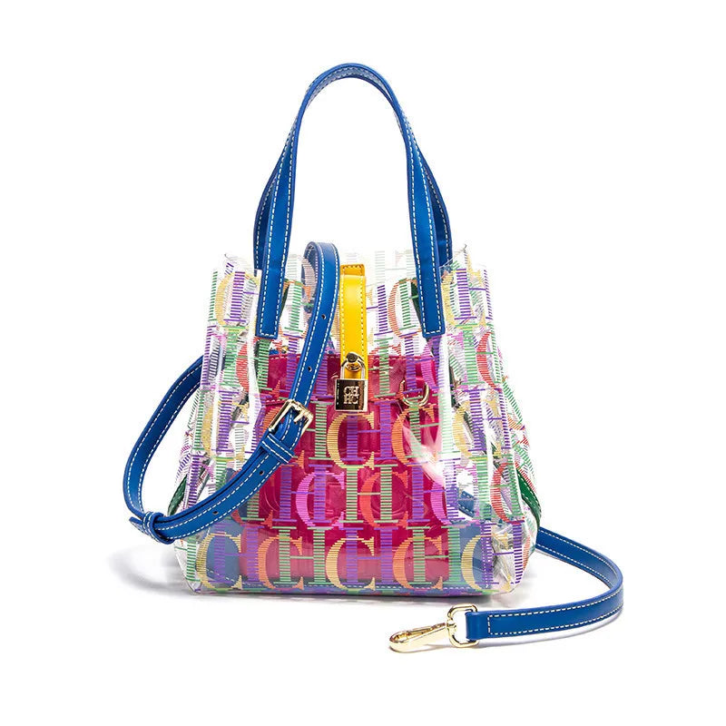 Multicolored handbag with blue straps on a white background