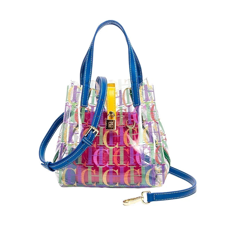 Multicolored handbag with blue straps on a white background