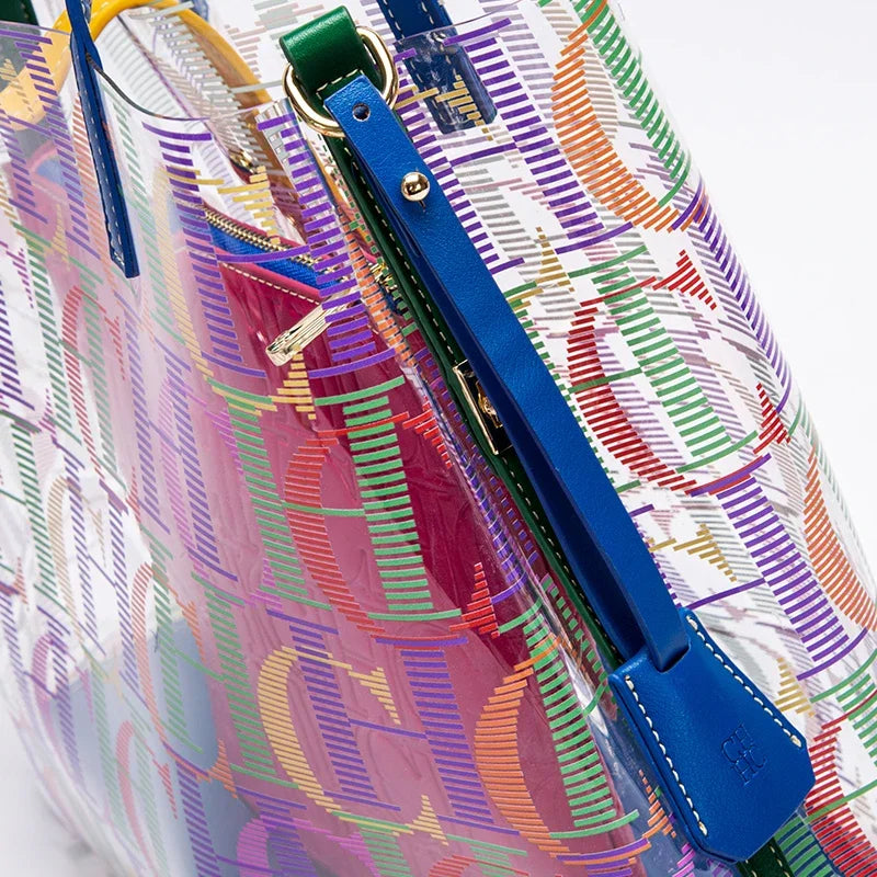 Colorful handbag with a blue strap