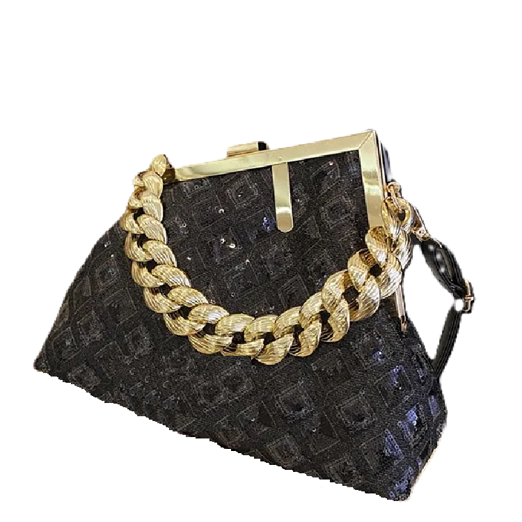 Black textured handbag with a gold chain detail on a white background