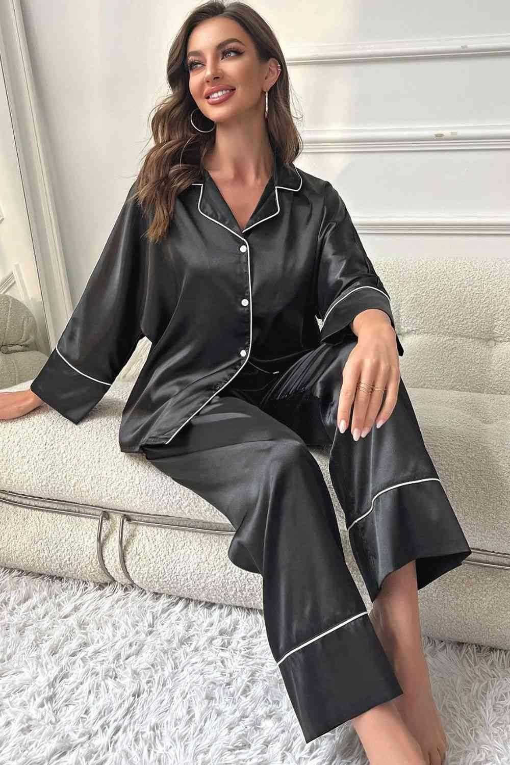 Contrast Piping Button-Up Top and Pants Pajama Set Carauana Store