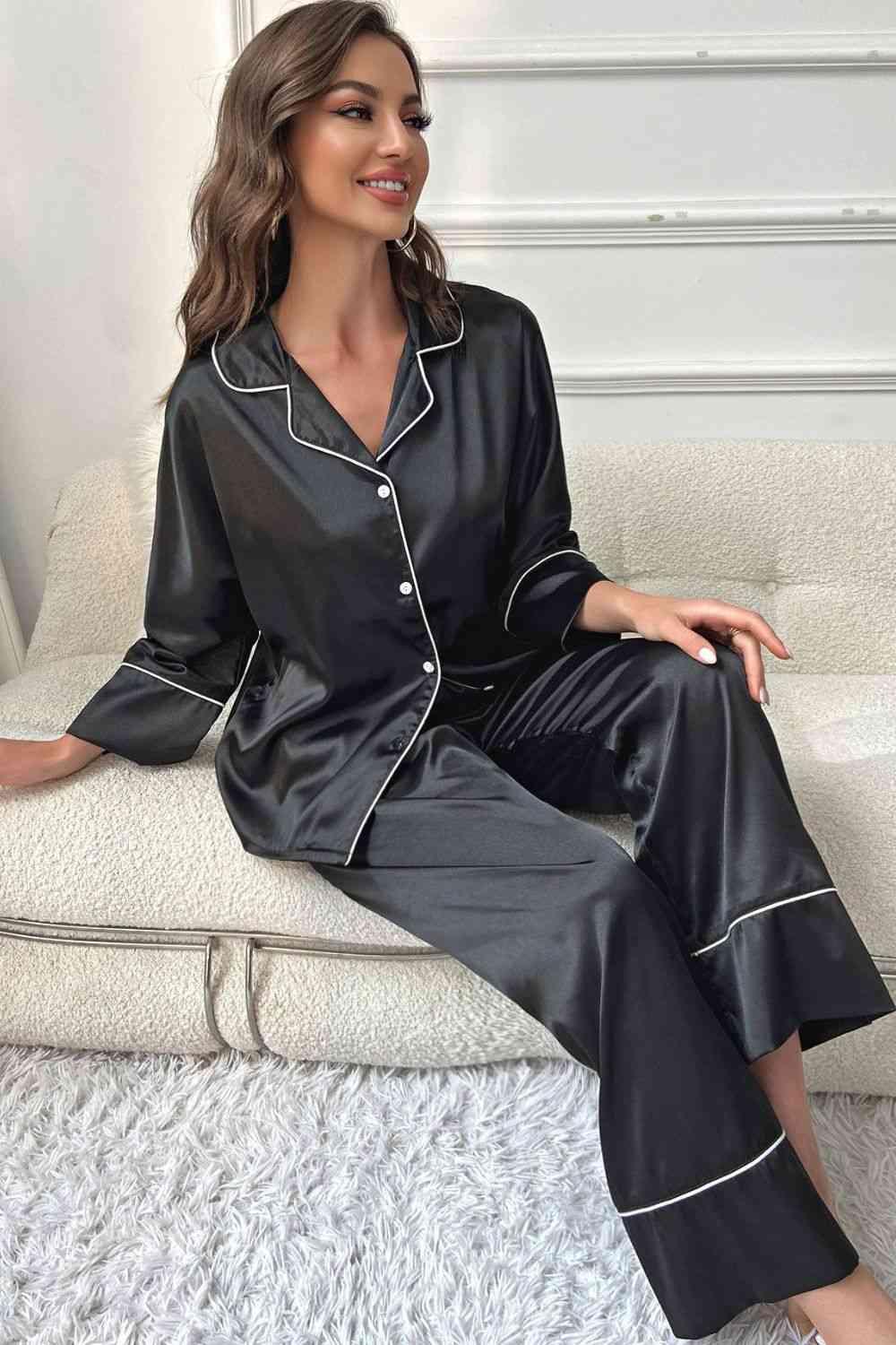 Contrast Piping Button-Up Top and Pants Pajama Set Carauana Store