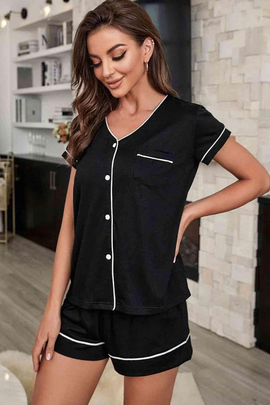 Contrast Piping Button-Up Top and Shorts Pajama Set Carauana Store