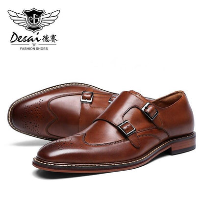 DESAI Monk Strap Slip on Genuine Leather Business Handmade Dress Brogue with Buckle