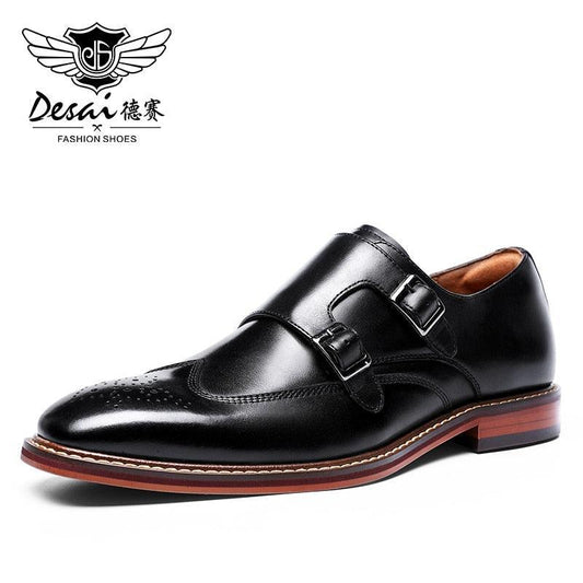 DESAI Monk Strap Slip on Genuine Leather Business Handmade Dress Brogue with Buckle