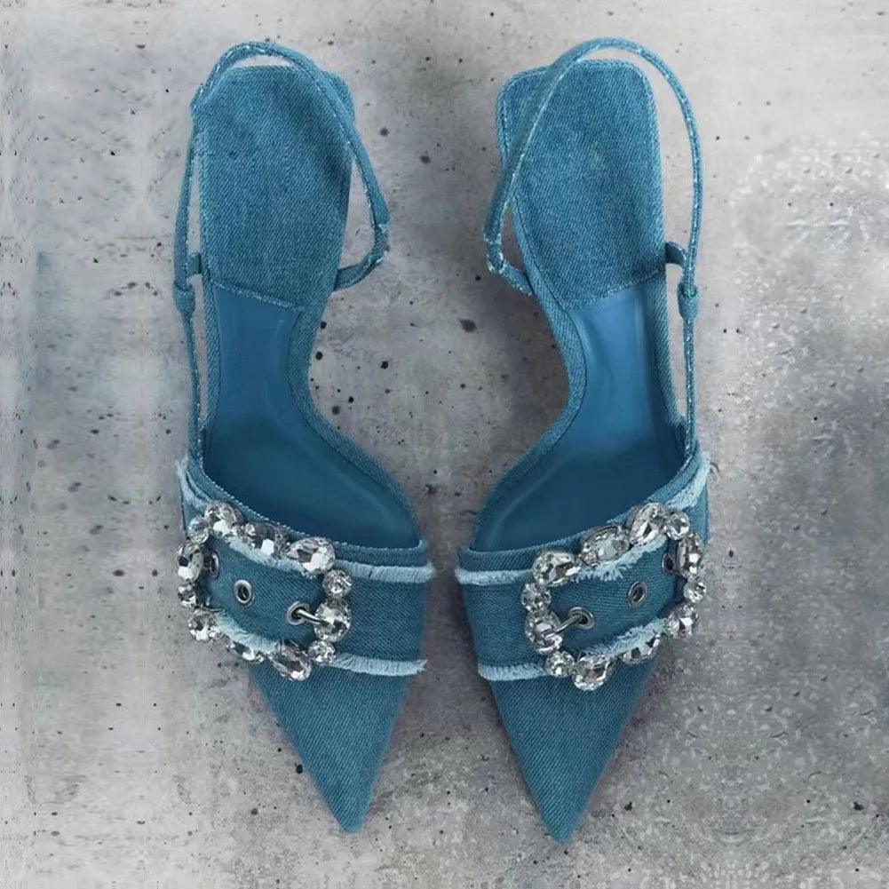 Denim Rhinestone Woman Pumps Wedding Slingback Elegant Shoes