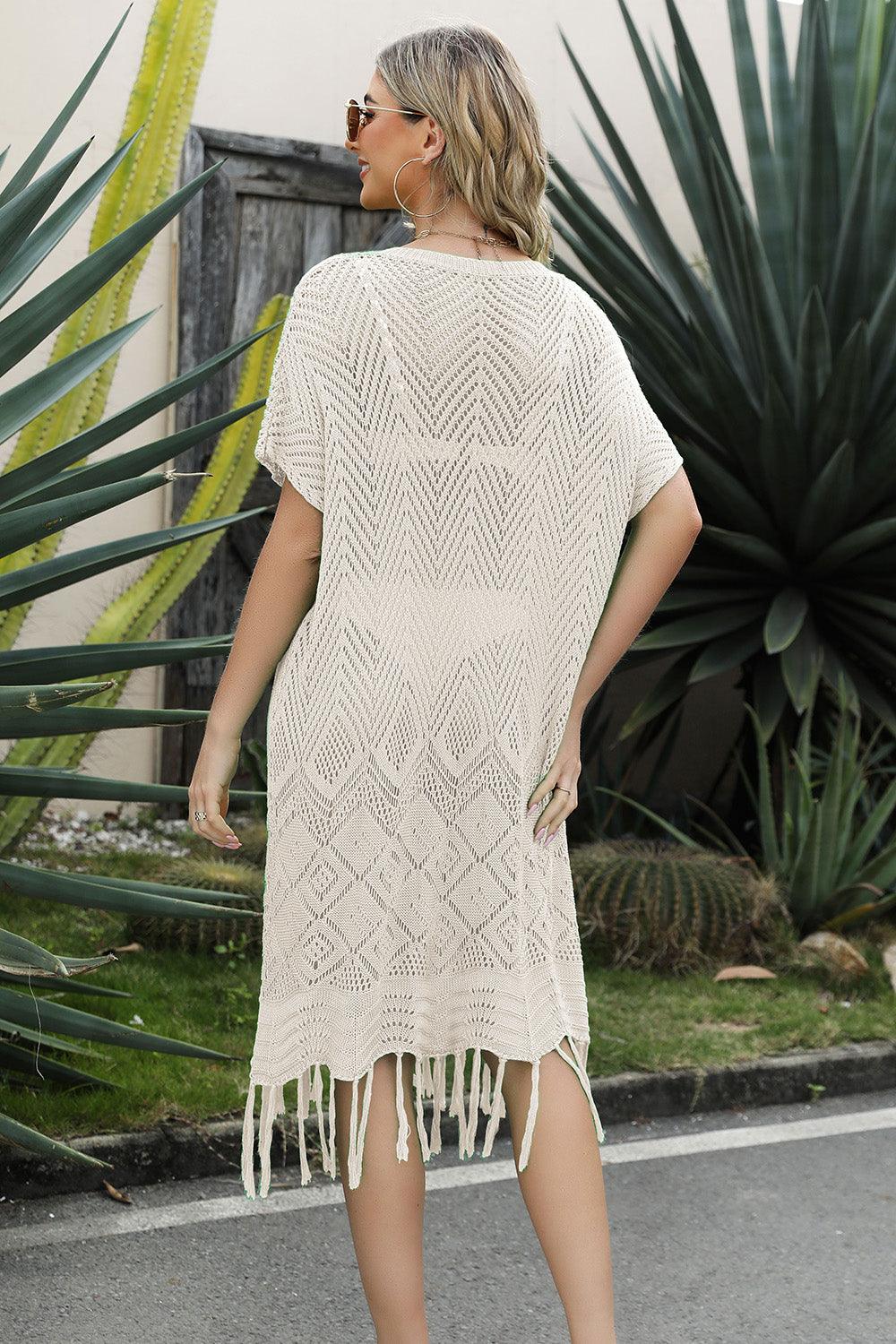 Double Take Eyelet Fringe Hem Longline Knit Cover Up CaRaUaNa Fashion