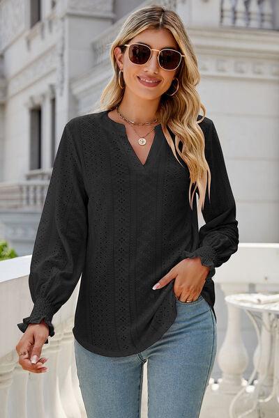 Eyelet Notched Lantern Sleeve T-Shirt Carauana Store