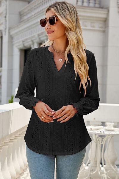 Eyelet Notched Lantern Sleeve T-Shirt Carauana Store