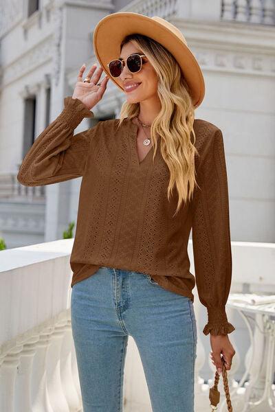 Eyelet Notched Lantern Sleeve T-Shirt Carauana Store