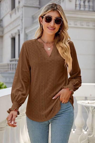 Eyelet Notched Lantern Sleeve T-Shirt Carauana Store