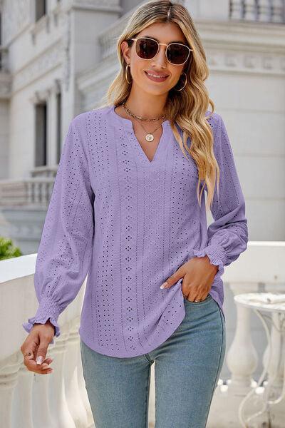 Eyelet Notched Lantern Sleeve T-Shirt Carauana Store