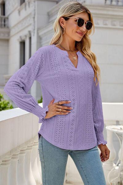 Eyelet Notched Lantern Sleeve T-Shirt Carauana Store