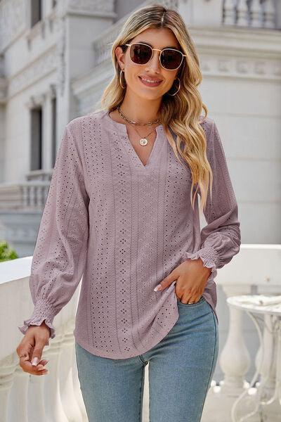 Eyelet Notched Lantern Sleeve T-Shirt Carauana Store