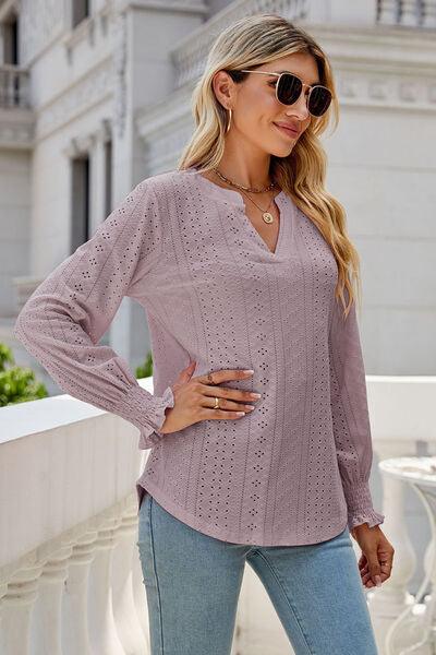 Eyelet Notched Lantern Sleeve T-Shirt Carauana Store