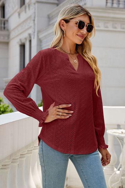 Eyelet Notched Lantern Sleeve T-Shirt Carauana Store