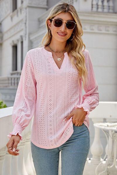Eyelet Notched Lantern Sleeve T-Shirt Carauana Store