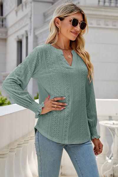Eyelet Notched Lantern Sleeve T-Shirt Carauana Store