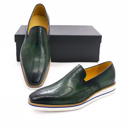 Fashion men casual shoes green comfortable flat loafers classic pointed handmade leather