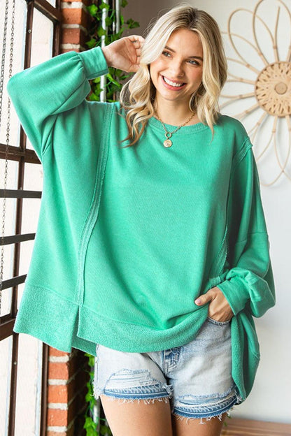 First Love Exposed Seam Round Neck Dropped Shoulder Blouse Carauana Store