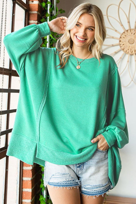 First Love Exposed Seam Round Neck Dropped Shoulder Blouse Carauana Store