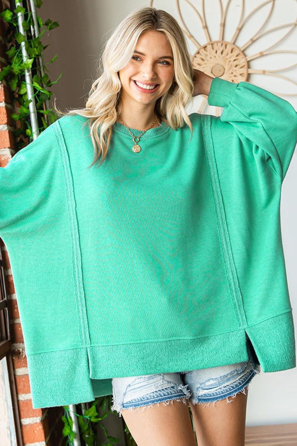 First Love Exposed Seam Round Neck Dropped Shoulder Blouse Carauana Store