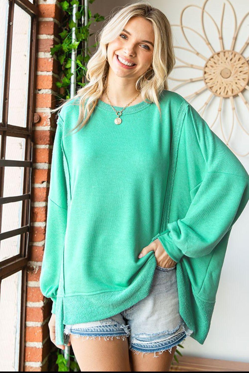 First Love Exposed Seam Round Neck Dropped Shoulder Blouse Carauana Store