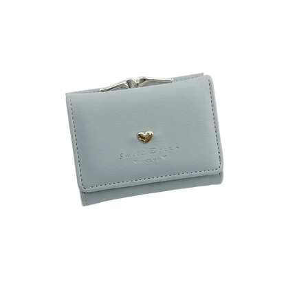 Light blue wallet with a gold heart emblem on a white background
