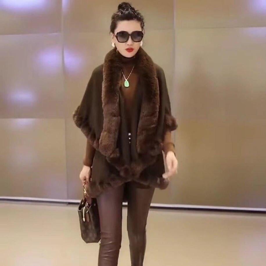 Loose Coat Faux Fox Fur Poncho Wool Coats Women Tassel Cloak Warm Outwear