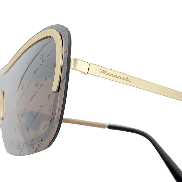 Gold-framed sunglasses with Maserati logo on a white background