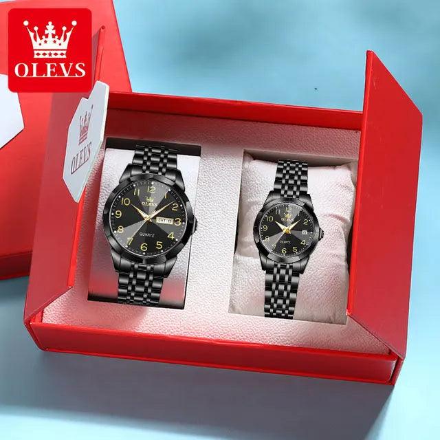 OLEVS Dance of Time: Stainless Steel Elegance with Eternal Calendars Couple's Watches Box Set