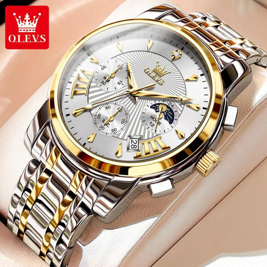 OLEVS Luxury Brand Quartz Watch for Men Waterpoof Chronograph Men's Wristwatch Auto Date Dual Calendar Moon Phase Man Watch New