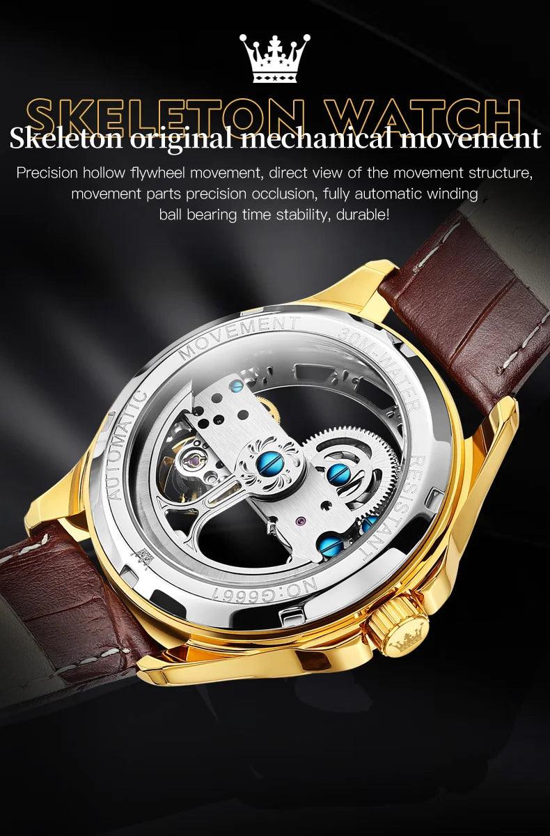 OLEVS Men's Automatic Mechanical Waterproof Luxury Wristwatch with Luminous Leather Strap - Gift Box Included