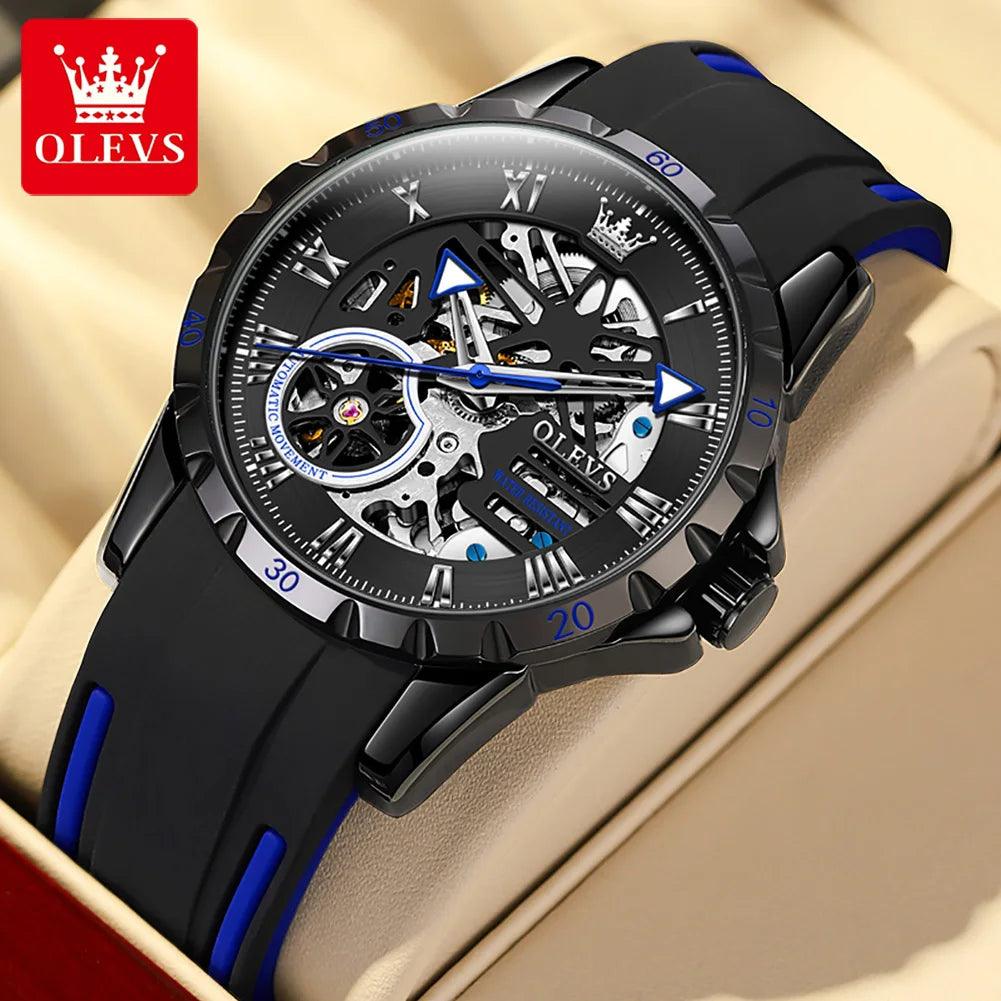 OLEVS Men's Watches Hollow Out Sporty Automatic Mechanical Watch for Man Waterproof Silicone Strap Fashion Hip Hop Style