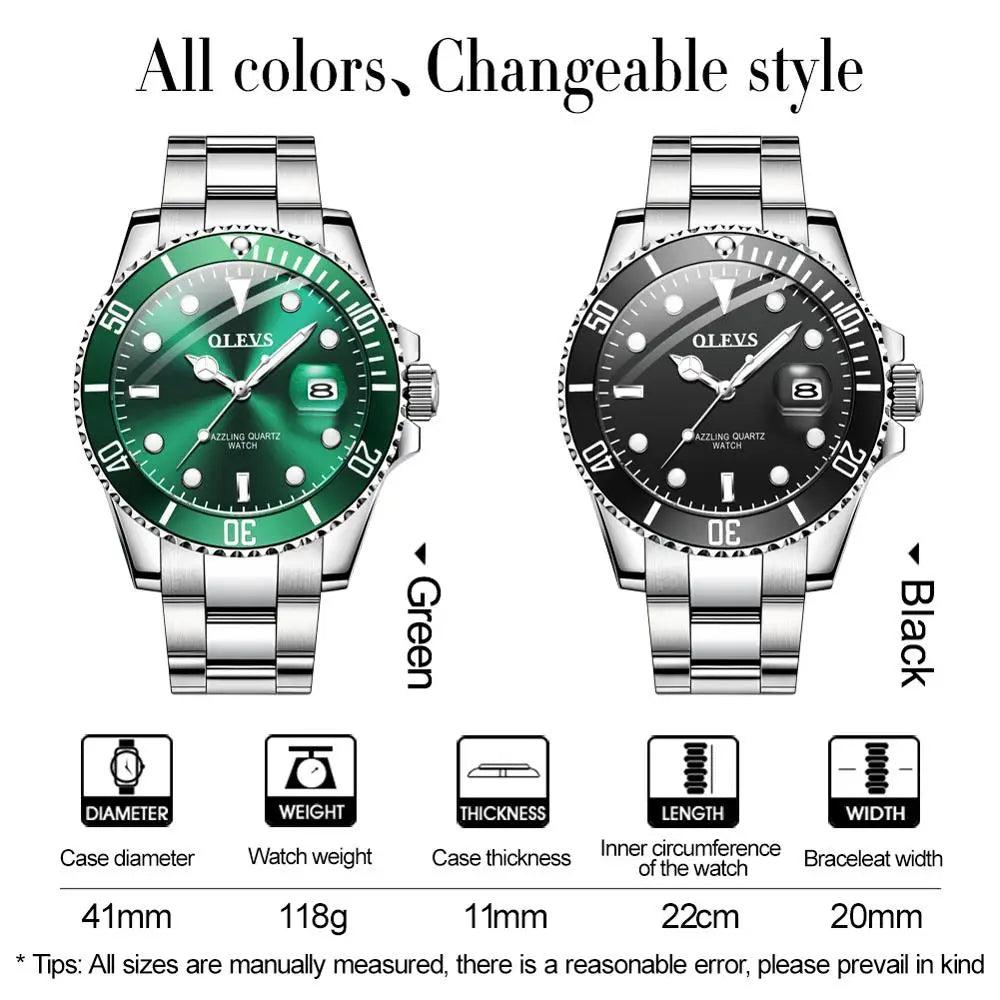 OLEVS Mens Watches Top Brand Luxury Fashion Waterproof Luminous Hand Green Dial Quartz Sports Wristwatch Gifts for Men