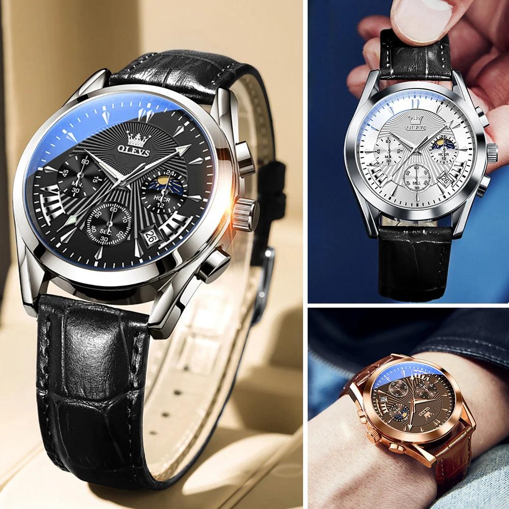 OLEVS Original Men's Watches Sport Chronograph Quartz Male Watch Waterproof Leather Strap Luminous Wristwatch 24 hour dial