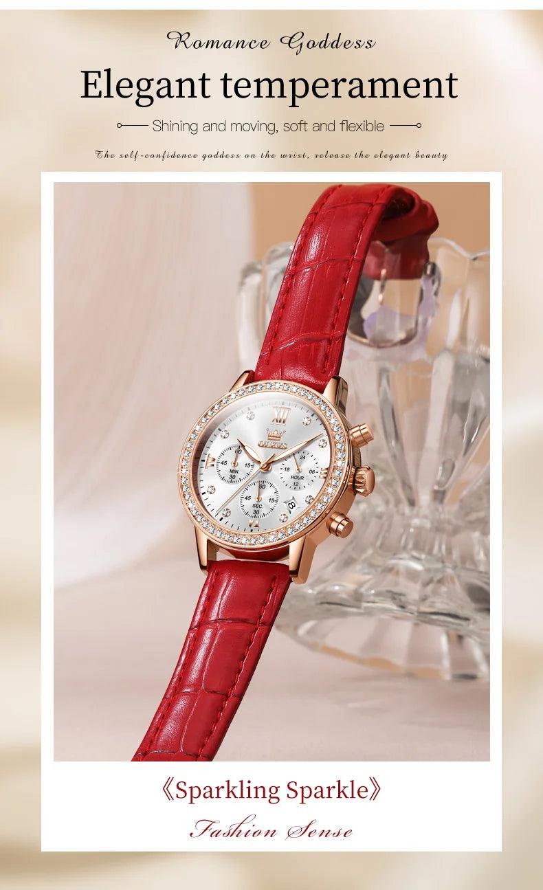 OLEVS Women's Diamond Quartz Wristwatch | Luxury Waterproof Leather Strap Multifunction Watch