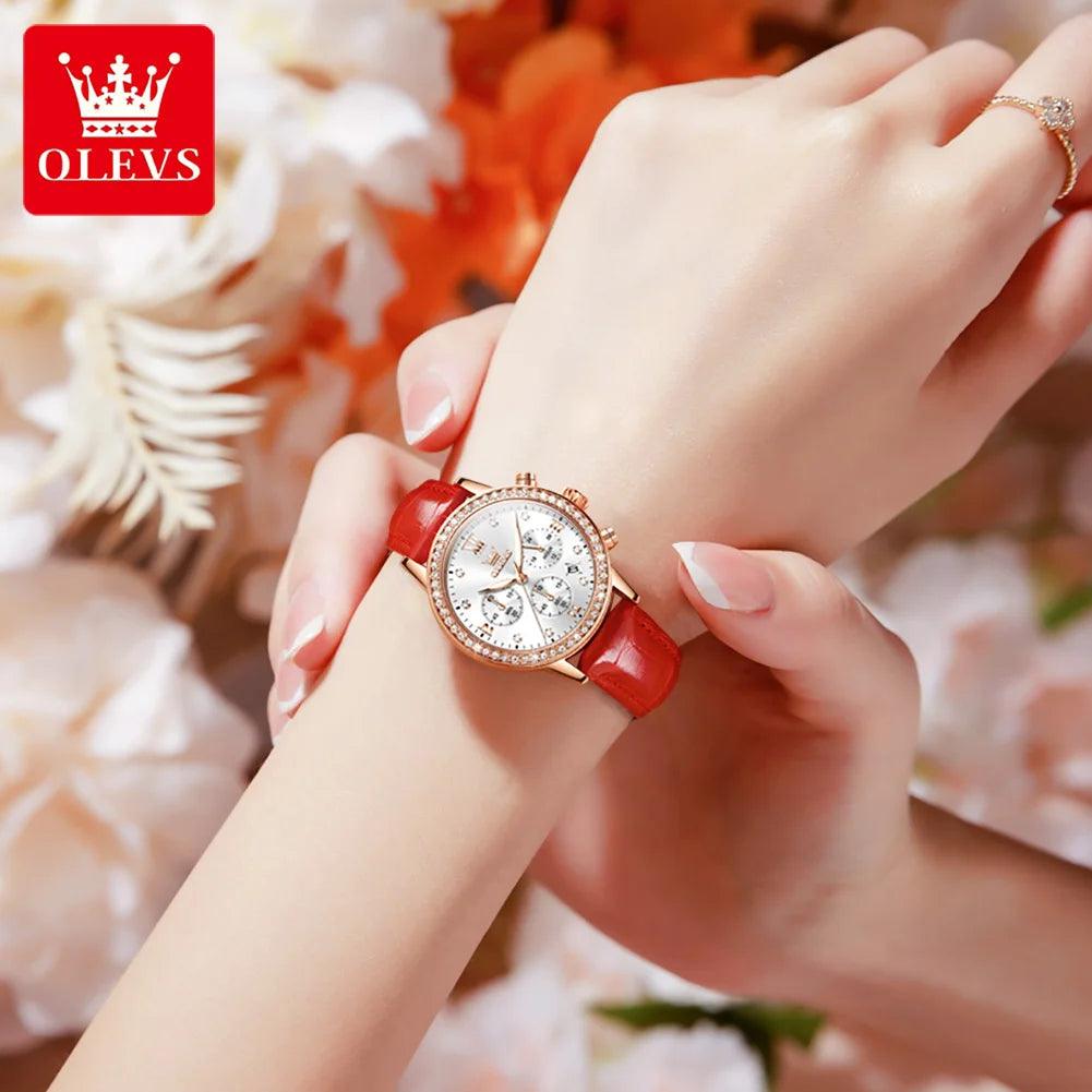 OLEVS Women's Diamond Quartz Wristwatch | Luxury Waterproof Leather Strap Multifunction Watch