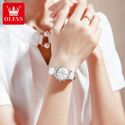 OLEVS Women's Diamond Quartz Wristwatch | Luxury Waterproof Leather Strap Multifunction Watch