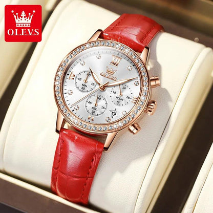 OLEVS Women's Diamond Quartz Wristwatch | Luxury Waterproof Leather Strap Multifunction Watch