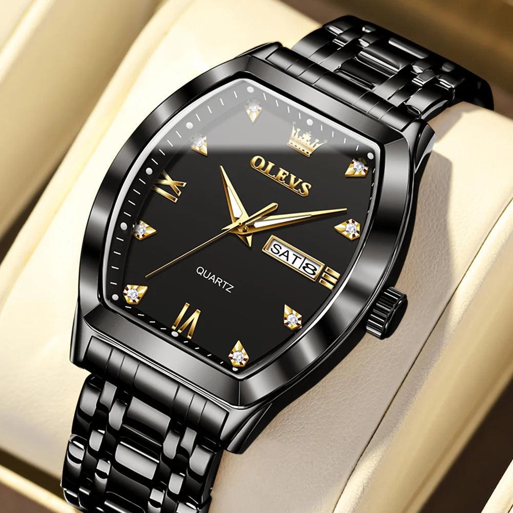 OLEVS/5528 Stainless Steel Luxury Quartz Watch | Elegant Tonneau Case with Shock Resistance and Week Display